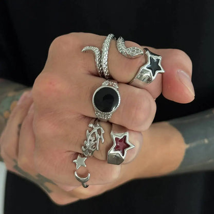 6Pcs New Gothic Snake Open Rings Set for Men Punk Irregular Stars Adjustable Knuckle Ring Halloween Jewelry Accessories