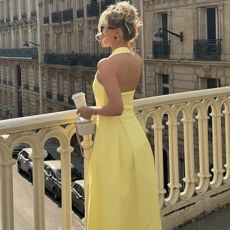 Halter Backless Long Dresses for Summer French Style Elegant Yellow Dress Woman Clothes