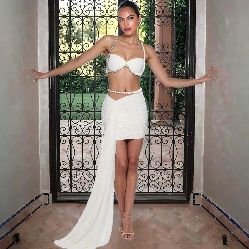 White Two Piece Outfits Women Summer Beach Vacation Halter Top and Mini Skirt Sets Sexy Clubwear Birthday
