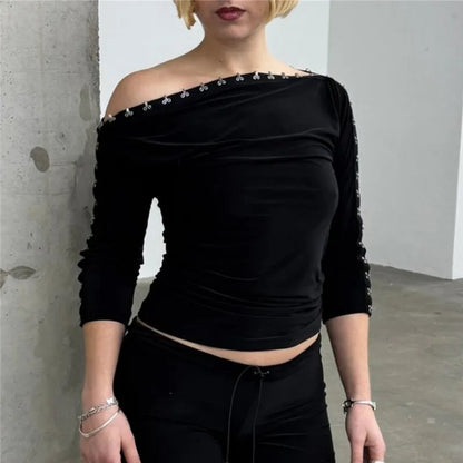 Women Retro Y2K Off Shoulder 3/4 Sleeve Top Asymmetric Neckline with Eyelet Details Fitted Casual Blouse Trendy Outfits