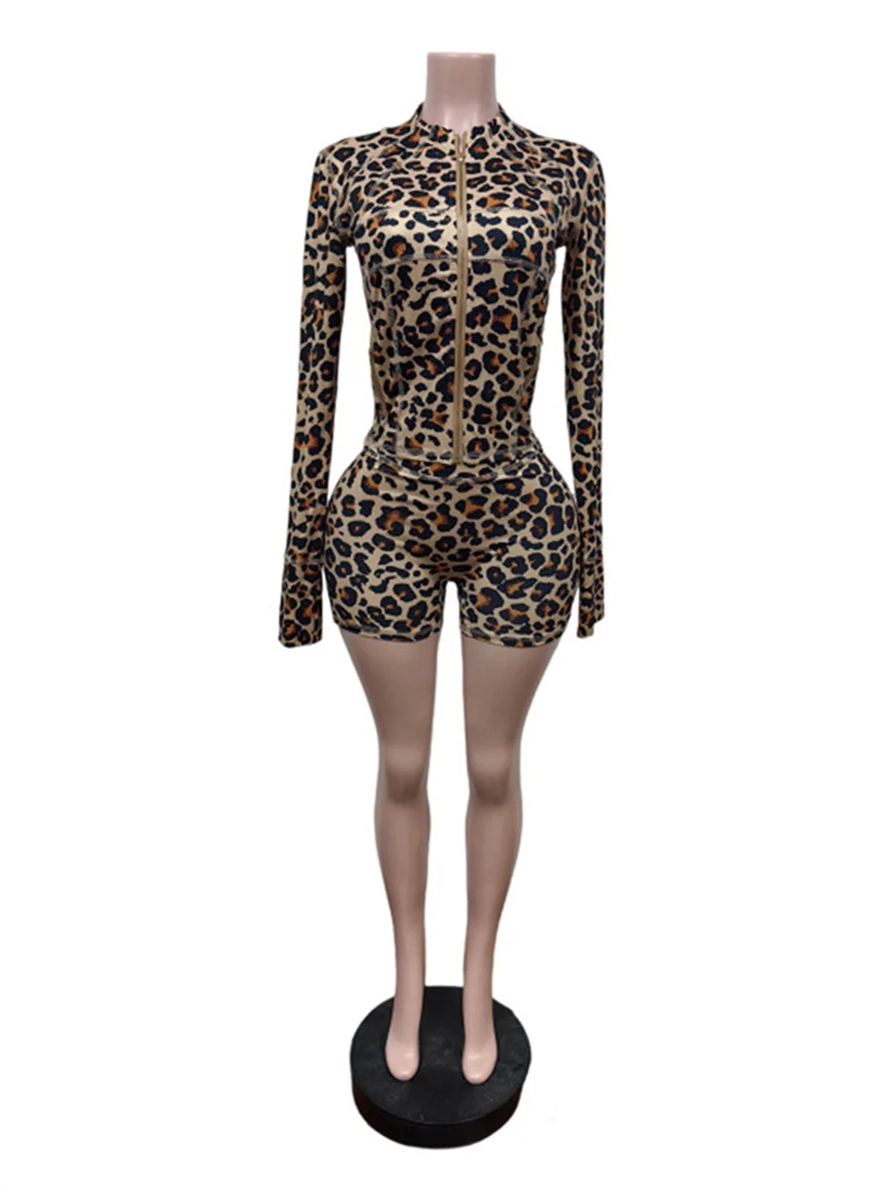 Leopard Zip Women 2 Piece Set Tracksuit Skinny Stretchy Patchwork Line Crop Top+Shorts Matching Clubwear Fall Outfits