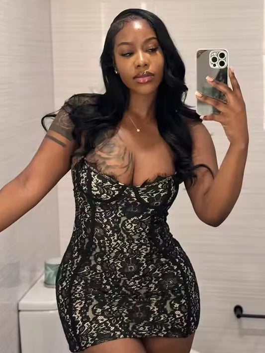 Jacquard Double Deck Dress Party Women Y2K Sexy Lace Spaghetti Strap Body-Shaping Nighclub Summer Trend Mini Bodycon