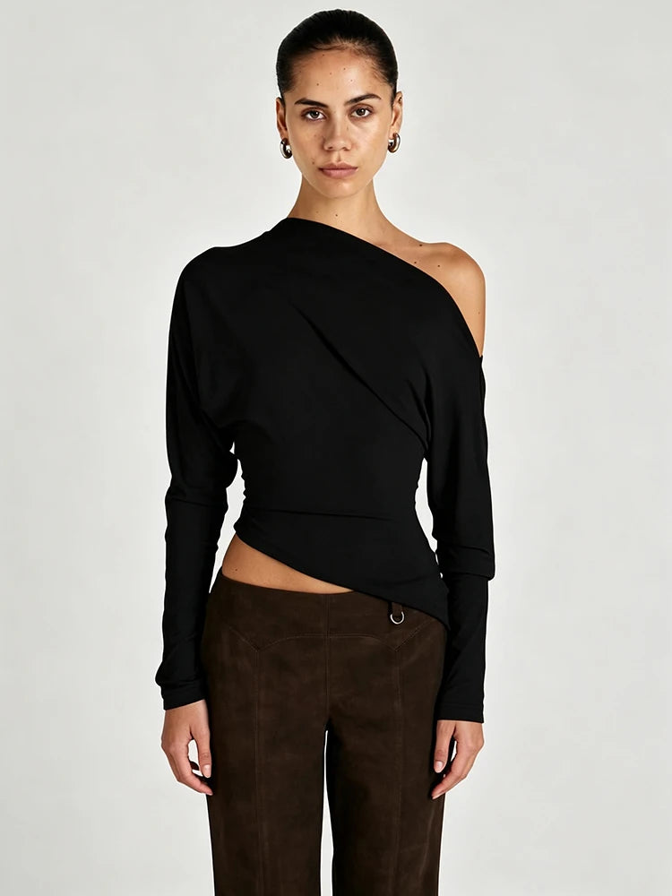 Look Slimmer Casual Simple T-Shirts Woman Autumn Trend Skew Collar Backless Shape Waist High Street Versatile Style Tees