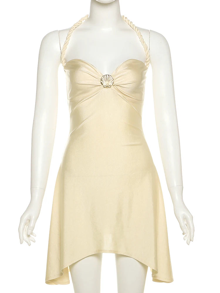 Shell Metal Satin Dress Women Y2K Plait Halter Sexy Low-Neck Irregular Backless Sleeveless Ruched Summer Mini Bodycon