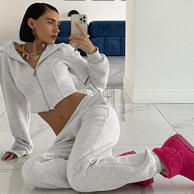 Activewear 2 Piece Sets Zip Up Crop Hoodie Sweatpants Tracksuit Casual Fall Winter Outfits for Women Clothes