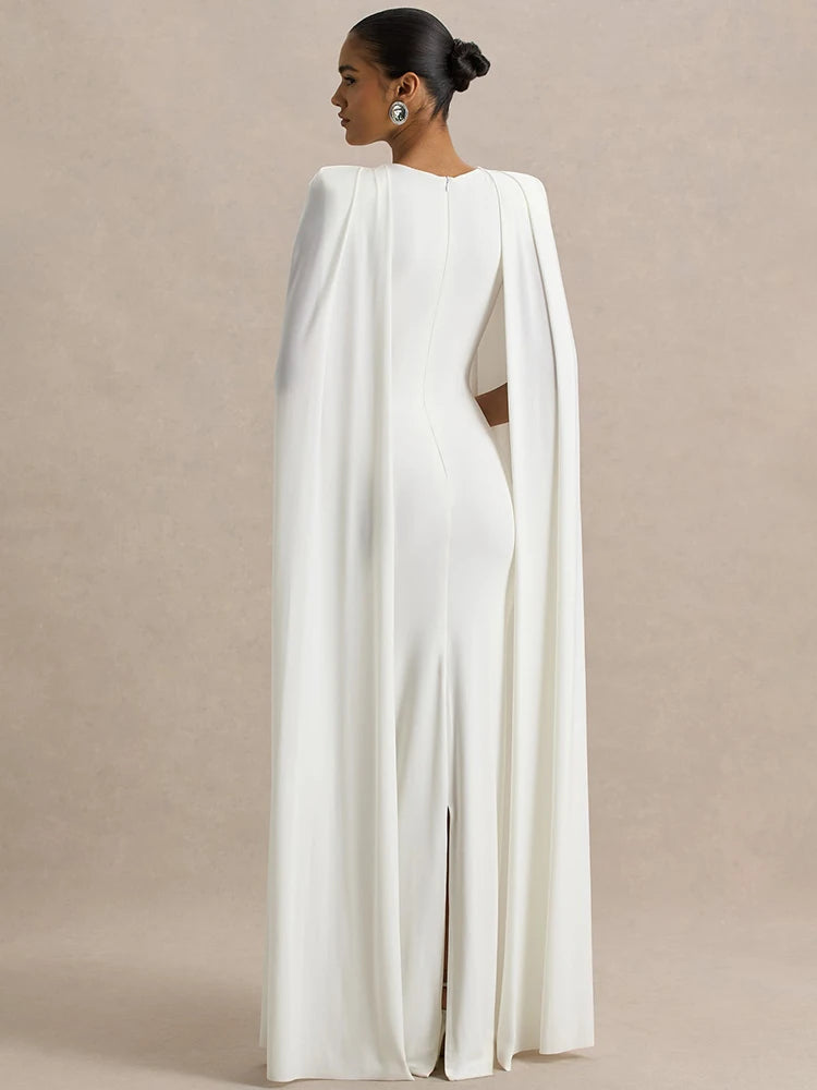 Cape Sleeve Sexy Maxi Dress Women Gown Elegant Fashion Zipper O Neck High Waist Split Club Party Long Dresses Female