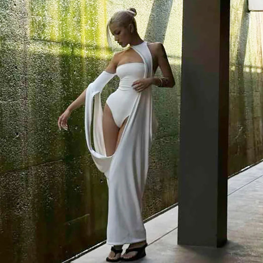 White Two Piece Set Woman Party Long Dresses with Bodysuit Summer 2026 Sexy Vacation Outfits