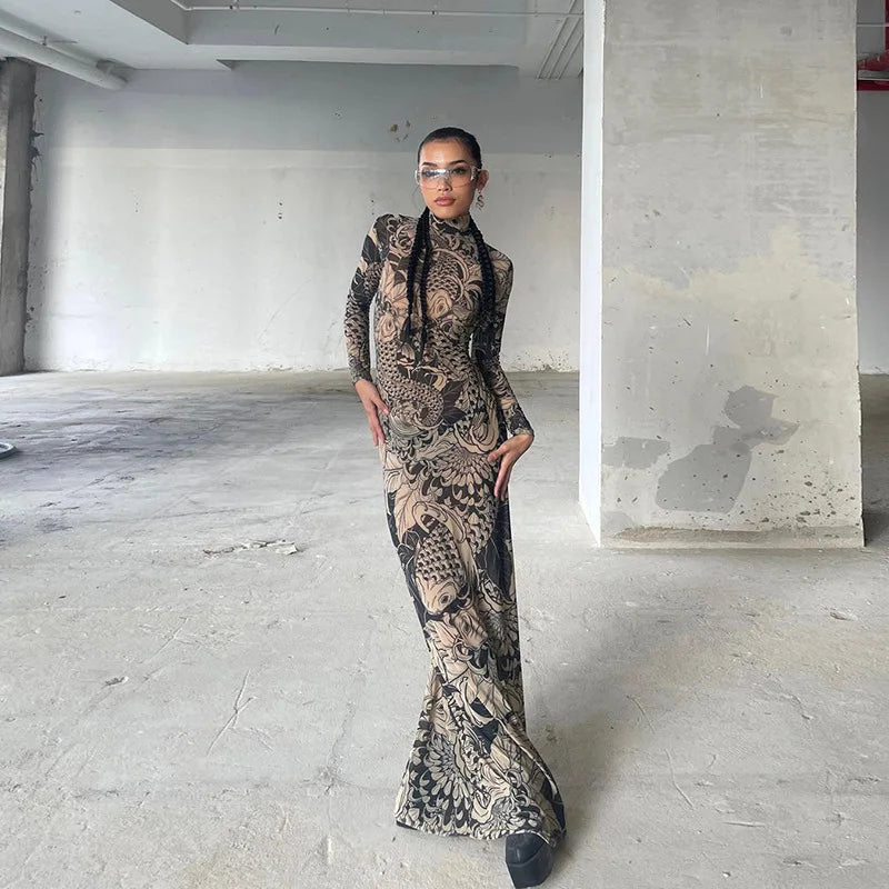 Vintage Printed Mesh Dress See Through Long Sleeve Maxi Dresses for Women Streetwear Y2k Clothing 2024