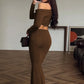 Fashion Brown Two Piece Set Women Inclined Shoulder Long Sleeve T-shirt And Maxi Skirt Matching Sets Elegant Dress Set