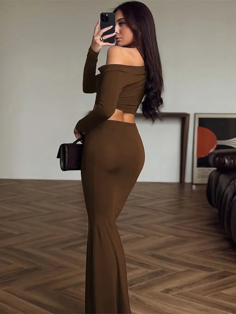 Fashion Brown Two Piece Set Women Inclined Shoulder Long Sleeve T-shirt And Maxi Skirt Matching Sets Elegant Dress Set