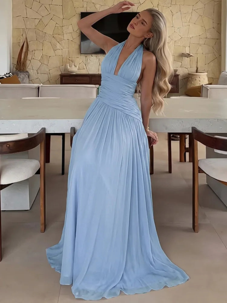 Women Halter Deep V Neck Sexy Maxi Dress Sleeveless Backless Long Dress Waist Wrap Ruched Flowy Party Evening Dresses