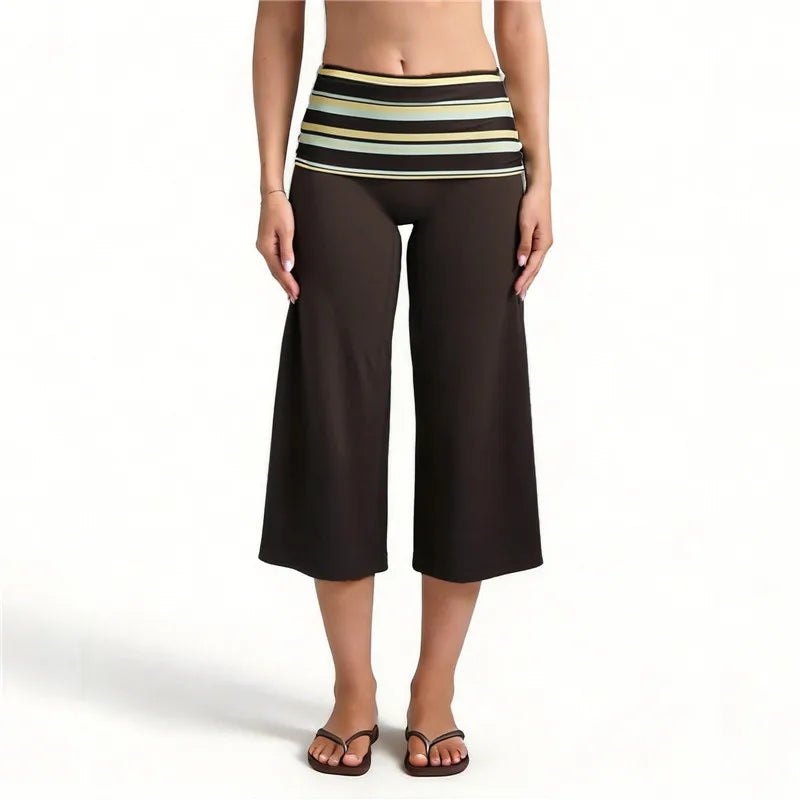 Women High Waist Fold Over Striped Waistband Cropped Wide Leg Pants Stretchy Casual Beach Yoga Capri Trousers