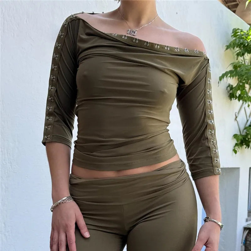 Women Retro Y2K Off Shoulder 3/4 Sleeve Top Asymmetric Neckline with Eyelet Details Fitted Casual Blouse Trendy Outfits