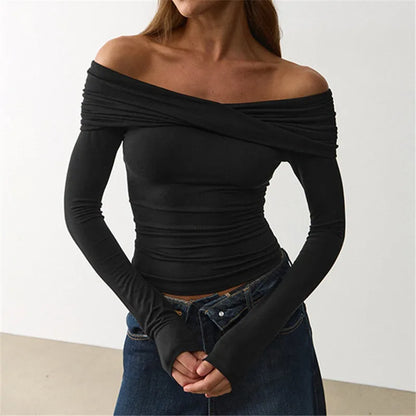French Coquette Off Shoulder Twist Top For Women Long Sleeve Slim Ruched Basic Tee Casual Daily Going Out Blouse Top