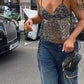 Sequins Patchwork Mesh Camisole Women v-Neck Sexy Backless Summer Trend Street Midnight Versatile Hottie Classic Tops