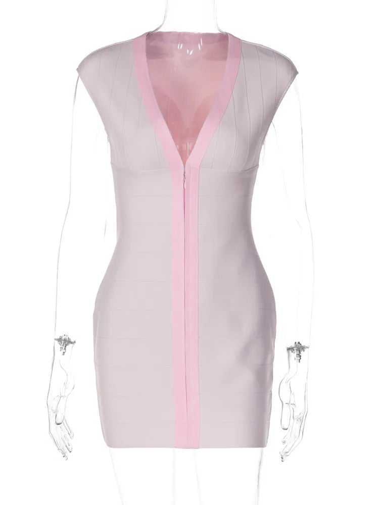 Women Red Sleeveless Bandage Mini Dress Deep V Neck Front Zipper Bodycon Short Dress Night Club Party Evening Outfits
