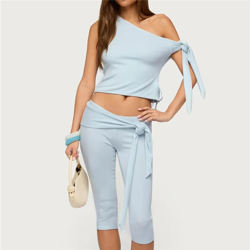 Off Shoulder Tie Detail Crop Top and Tie Waist Capri Pants 2 Piece Set Women Y2K Casual Matching Loungewear Outfit