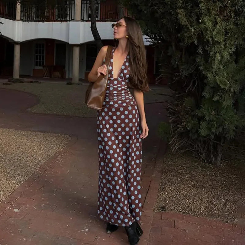 Polka Do Deep V Neck Backless Maxi Dress Vacation Outfits for Woman Elegant Summer Dresses 2026