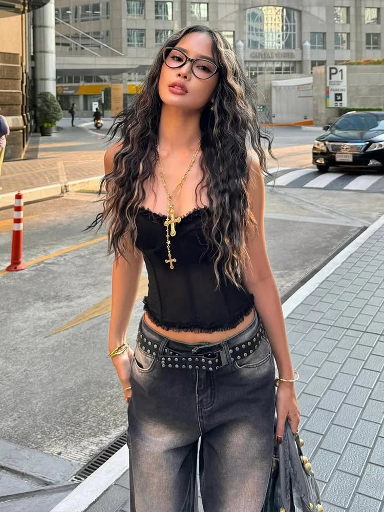 Folds Sexy Strapless Tops Y2K Patchwork See Through Skinny Summer Trend Backless Wild Basic Street Vacation Chic Vest