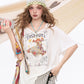Playful Cartoon Print V-Neck Oversized T-Shirt, Drop Shoulder Casual Graphic Tee, Streetwear Loose Top for Women