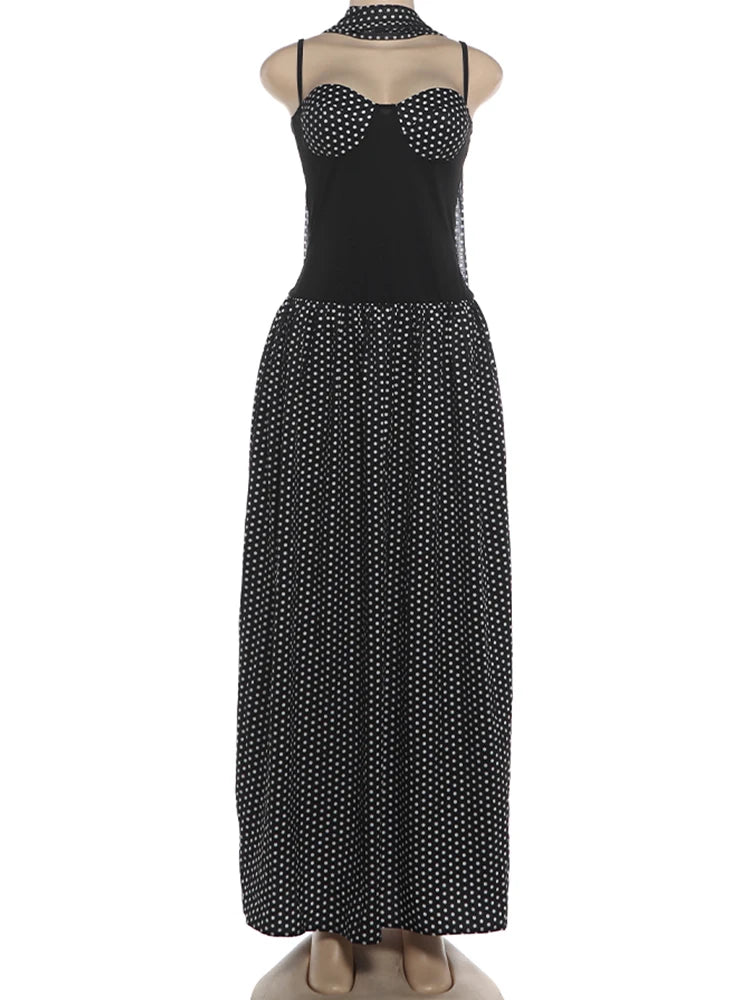 Elegant Party Sling Dress+Scarf Woman Low-Neck Backless Polka Dot Print Sleeveless Mesh Patchwork Hem Ruched Vestidos