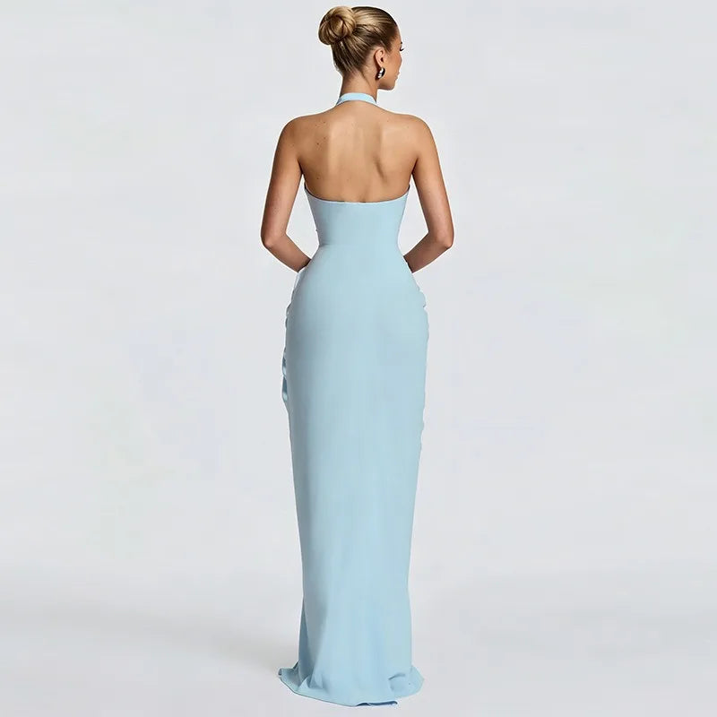 Halter Neck High Slit Ruched Maxi Dress Elegant for Woman Wedding Guest Party Dresses