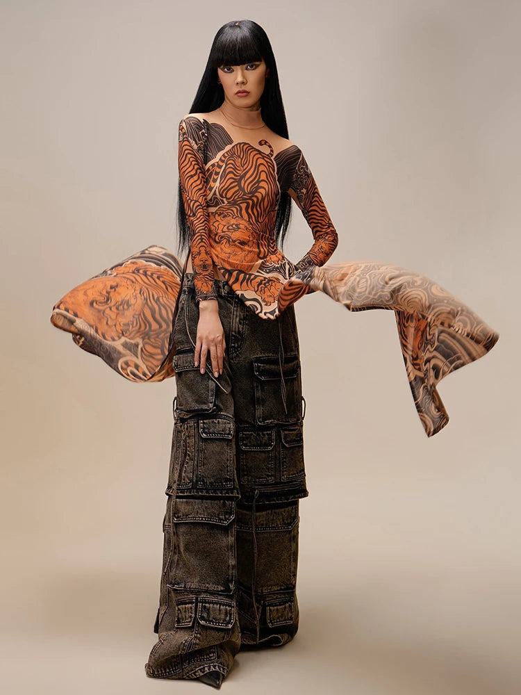 See Through T-Shirts Women Tiger Print Long Sleeve High Neck High Slits High Elastic Skinny Trend Street Hipster Tops