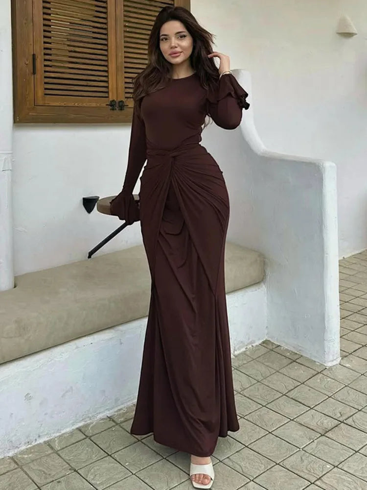 Flare Long Sleeve Draped Sexy Maxi Dress Women Gown Elegant O Neck High Waist Bodycon Club Party Long Dresses Female