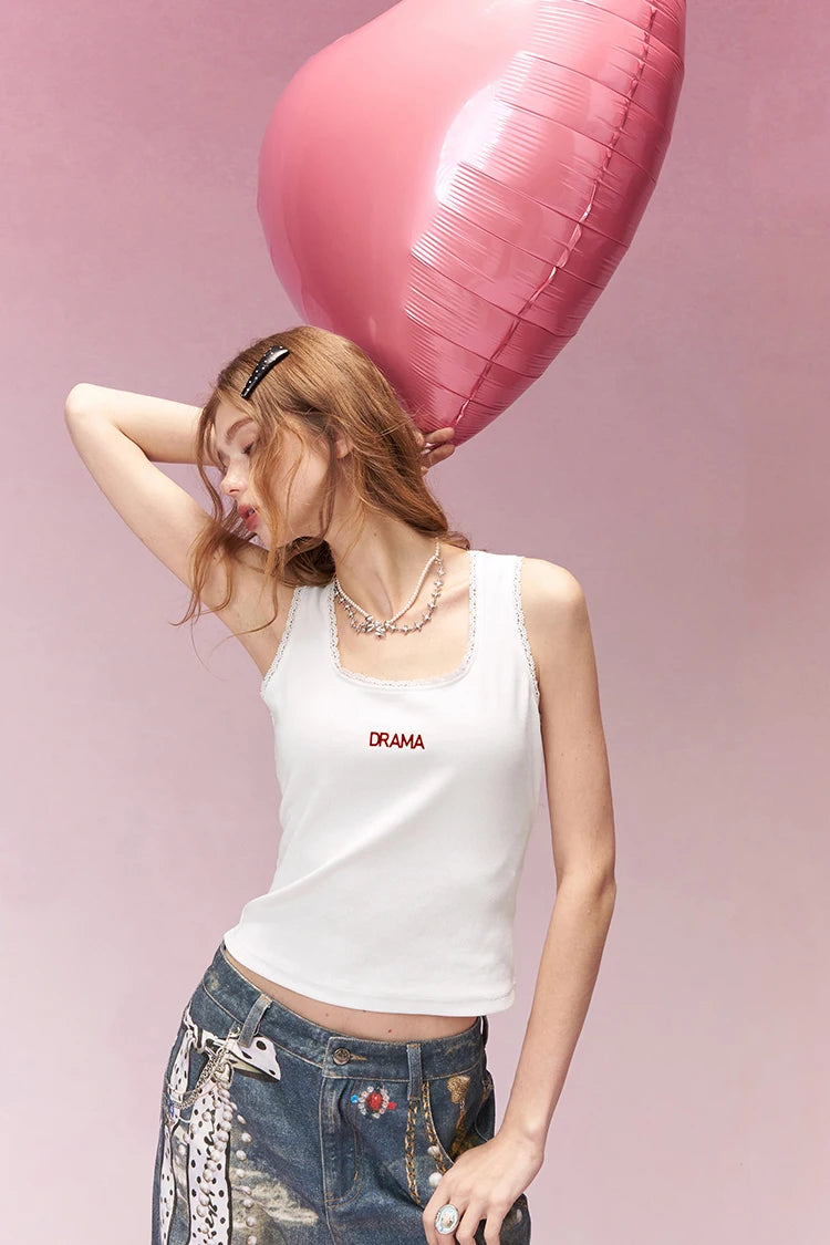Minimalist Versatile Lace Trim Letter Print Camisole For Women