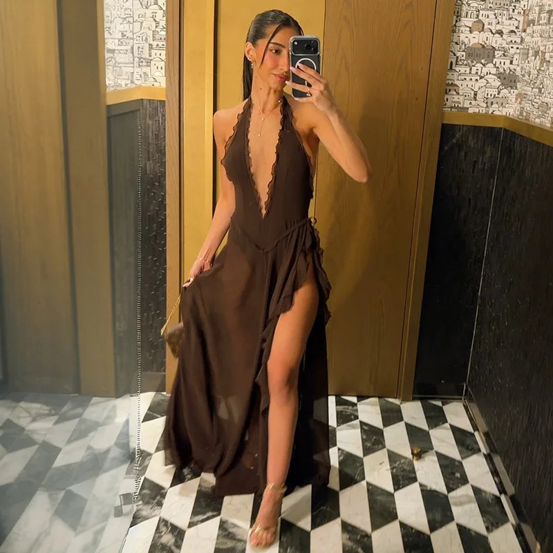 Frilly Deep V Neck Backless High Split Maxi Dresses Brown Mesh Sheer Sexy Summer Dress for Woman 2026