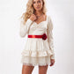 Women Doll Cosplay Costume Satin Puff Long Sleeve Mini Dress Red Flower Belt Ruffle Tulle Skirt Party Dress