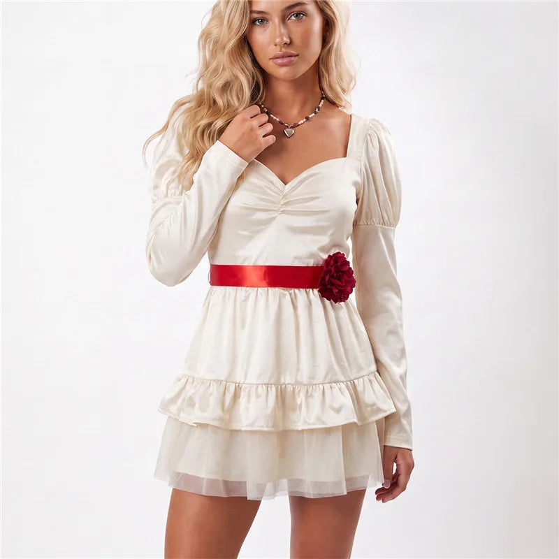 Women Doll Cosplay Costume Satin Puff Long Sleeve Mini Dress Red Flower Belt Ruffle Tulle Skirt Party Dress