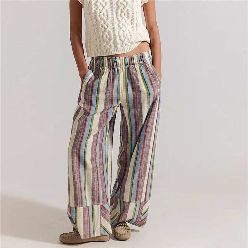 Bohemian Striped Wide Leg Pants Women Elastic Waist Casual Loose Fit Trousers Colorful Striped Beach Pants For Summer