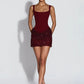 Sparkle Ruched Sexy Mini Dress Women Elegant Glitter Square Collar Sleeveless Backless High Waist Club Party Dresses