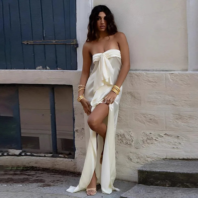 Front Bow Strapless Split Maxi Dress Elegant Satin White Dresses Wedding Party Outfit for Woman 2026