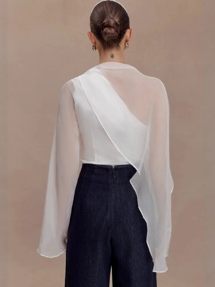 Chiffon Sheer White Sexy Shirt Women Elegant Summer Long Sleeve Cape Sleeve Backless T-shirt Female Fashion Tees