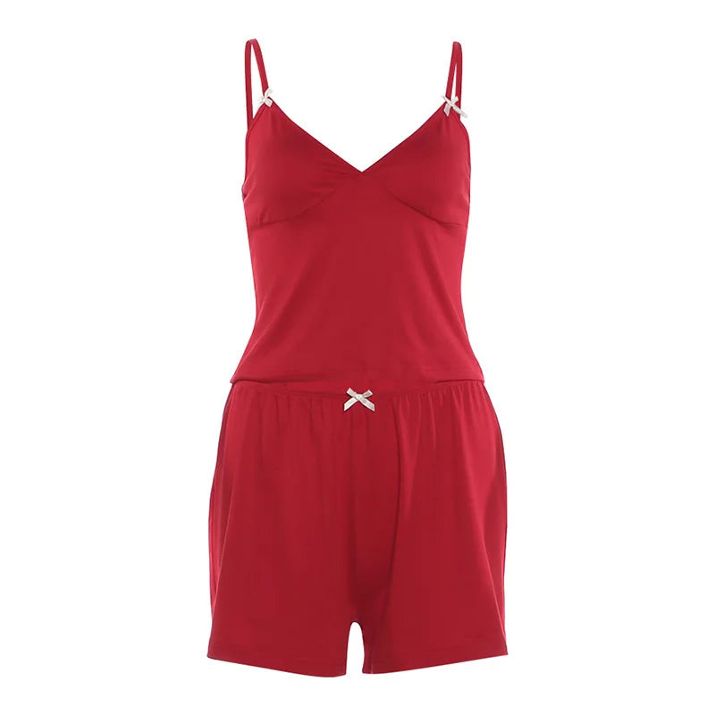 Sporty Streetwear Women Trend Simple 2-Piece Set Trend Fashion Bow Appliques Low Chest Camisole+Shorts Hottie Suits
