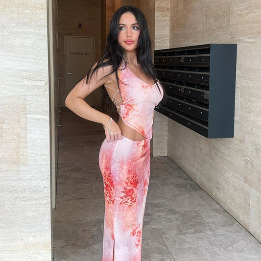 Pink Floral Mesh Sheer Sexy Long Skirt Set 2 Piece Summer Vacation Outfits Women 2024 Beach Party Dresses