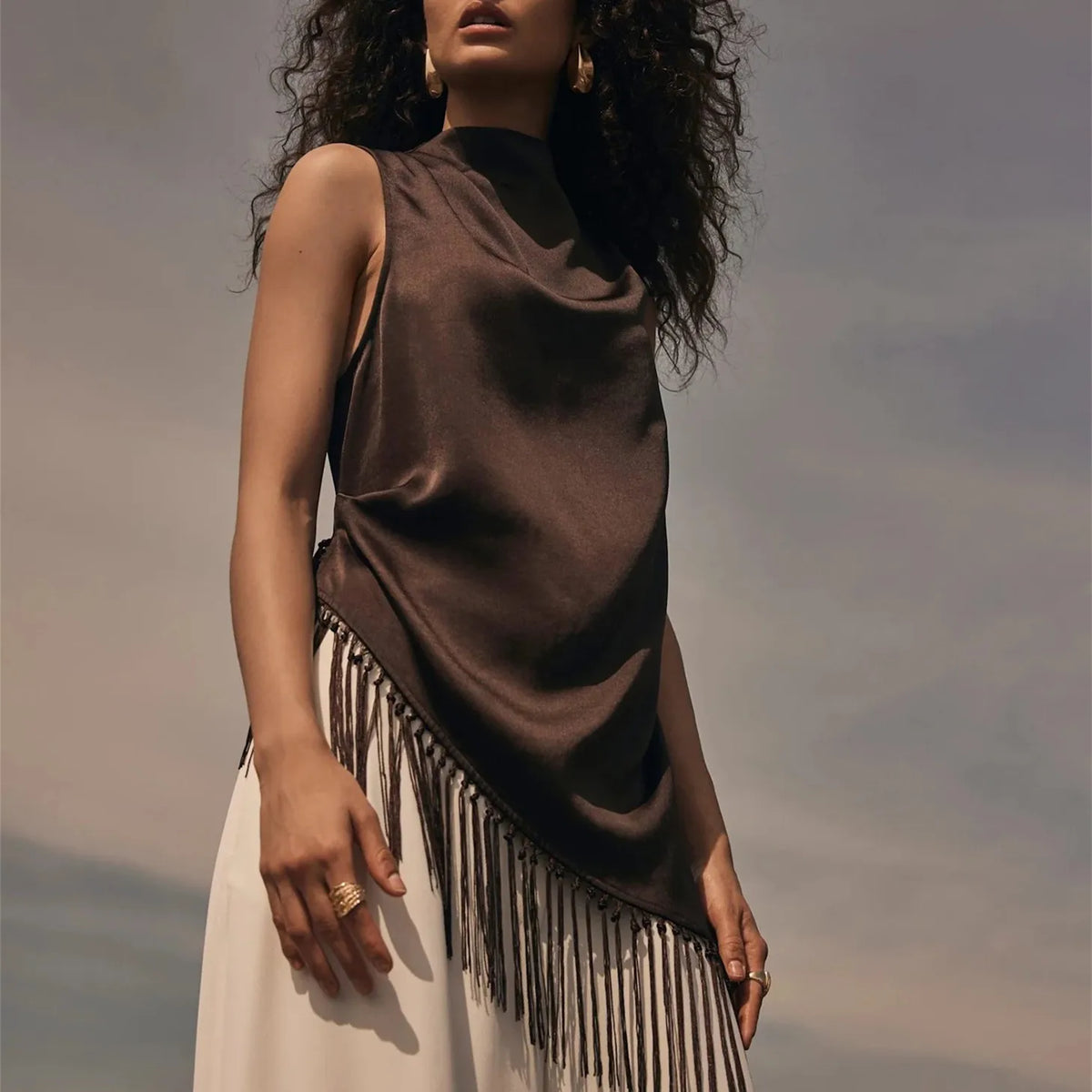 Women's Summer Fashion High Neck Asymmetrical Fringed Tanks Tops Sleeveless Solid Color Ruched Tassel Hem Slim Fit Vests