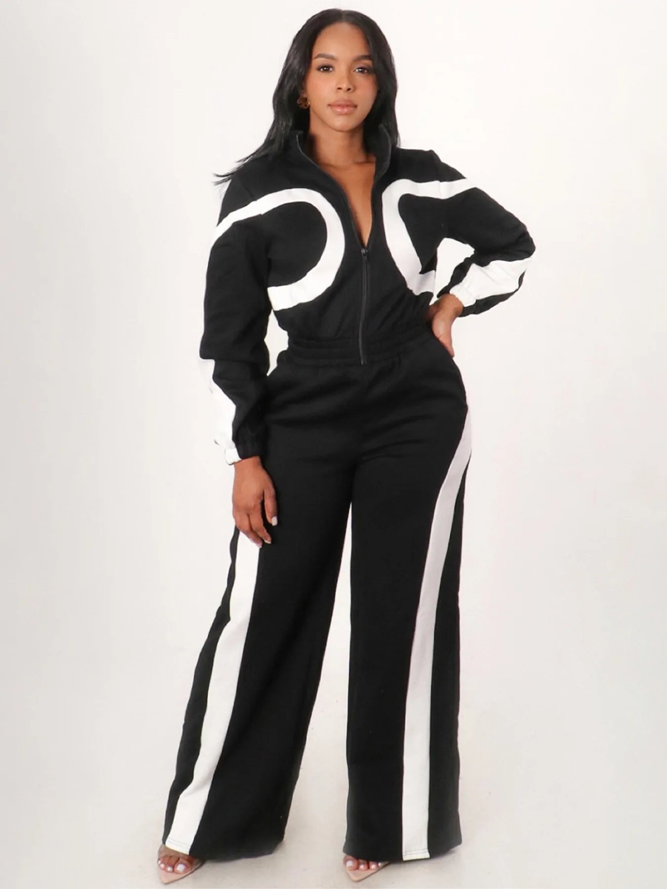 Sporty Patchwork Jumpsuit Women Casual Lapel Spring Ternd Full Sleeve Zip Stretch Hipster Streetwear Straight Overall