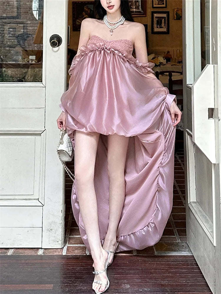 See Through Irregular Large Hem Women Edible Tree Fungus One Shoulder Patchwork Lace Sweet French Style Chic Vestidos