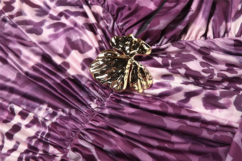 Purple Leopard Print Deep V Backless Split Long Dresses Sexy Elegant Beach Party Dresses Woman Resort Wear