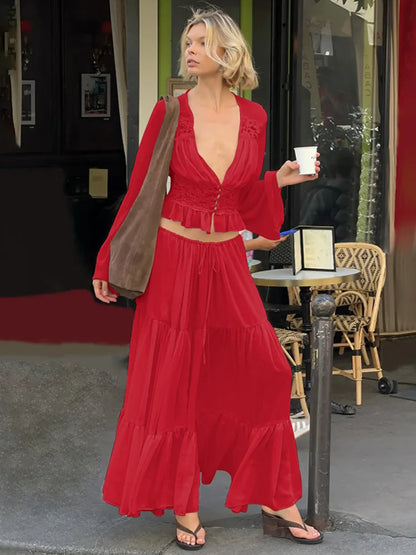 Elegant Sexy Two Piece Set Women V Neck Long Sleeve T-shirt Maxi Skirt Matching Set Female Loose Pleated Club Dress Set