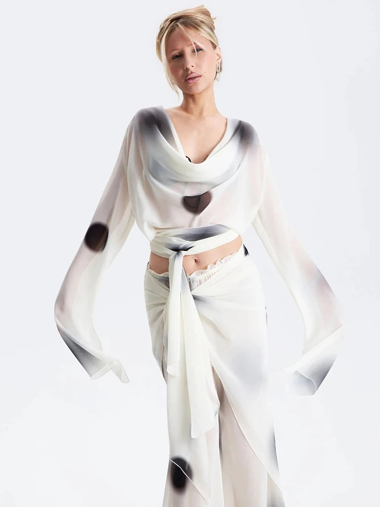 Cihc 3-Piece Set Women Round Print Swing Collar Full Sleeve See Throug Crop Tops+Simple Pant+Bandage Skirt Autumn Suit