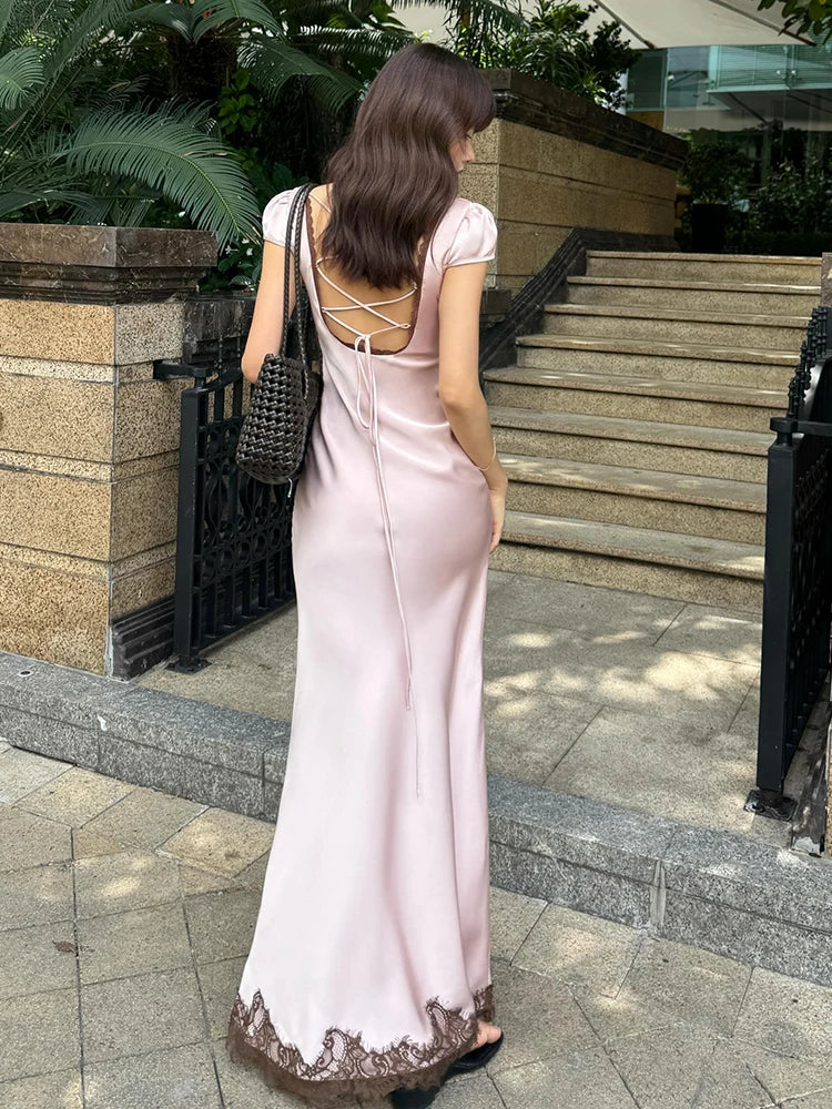 Silky Stain Elegant Dress Woman Lace Patchwork V-Neck Cross Bnadage Backless High Waist Robe Birth Party Vestidos