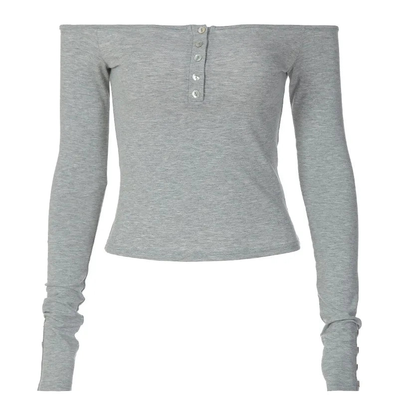 Off Shoulder T Shirt Long Sleeves Top Fashion 2026 Woman Clothes Grey White Tees