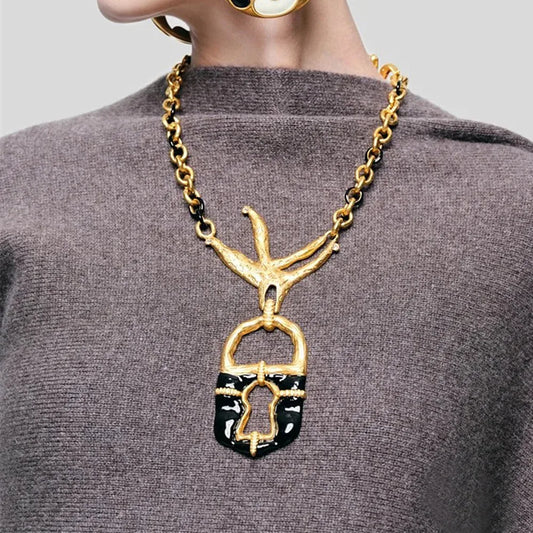 Vintage Ethnic Metal Alloy Black Lock Pendant Necklace For Women Jewelry Fashion Brand Statement Sweater Accessory
