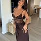 Y2K Sexy Womens Lace Satin Maxi Dress Deep V Backless Slip Dress Coquette Aesthetic Clubwear Party Night Out Formal Gown