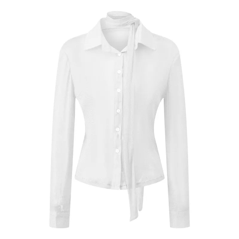 Women's Glitter Sheer Mesh Shirt Long Sleeve Choker Neck Button Down Cropped Blouse Y2K Party Clubwear See Through Top