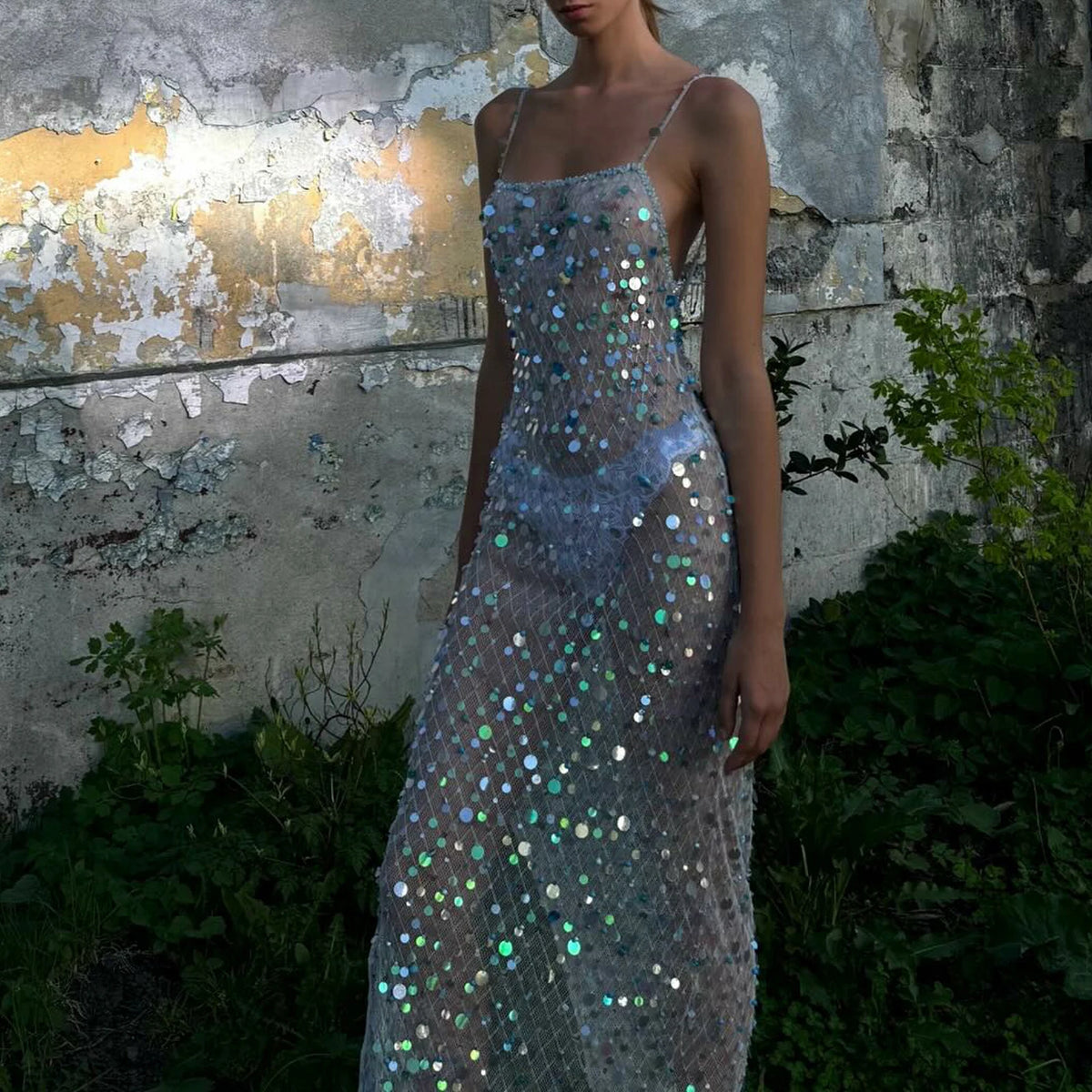Chic Women Sequin Sheer Mesh Cover Up Dresses See Through Rhinestone Glitter Beach Dresses Summer Bikini Swim Coverups